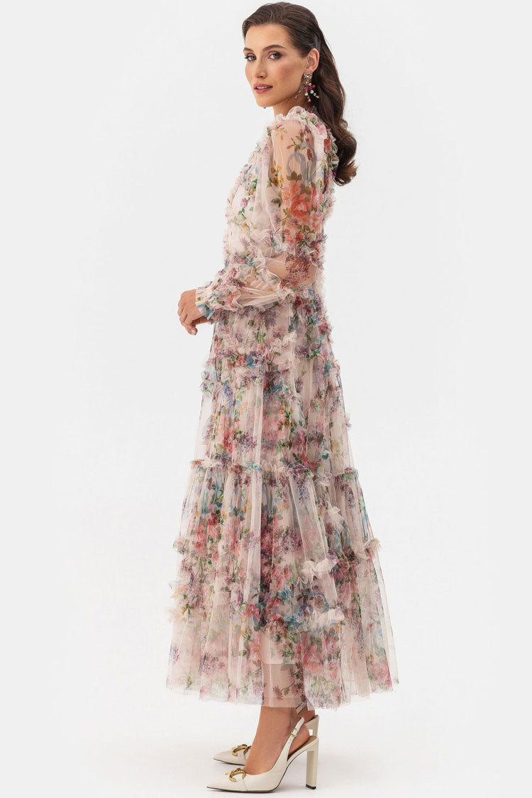 Women's Maxi Dress Apricot Tulle Floral Elegant