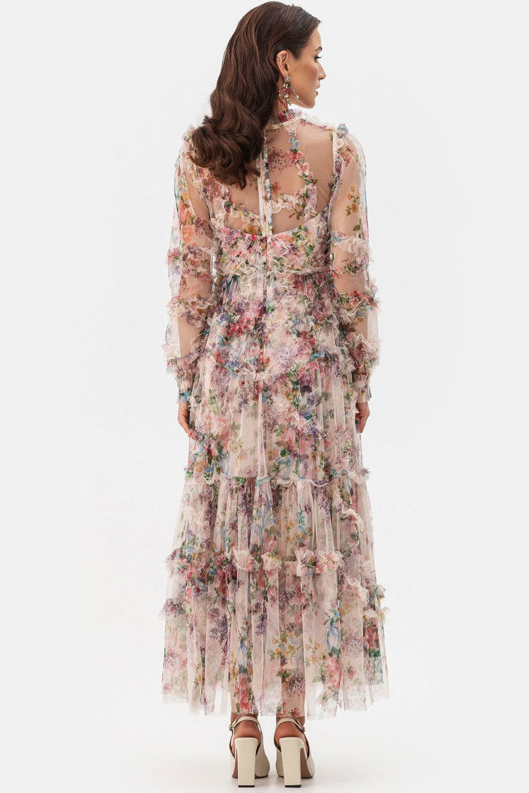 Women's Maxi Dress Apricot Tulle Floral Elegant