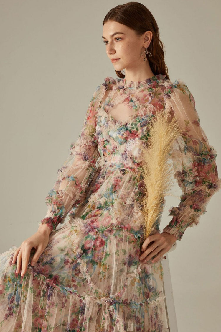 Women's Maxi Dress Apricot Tulle Floral Elegant