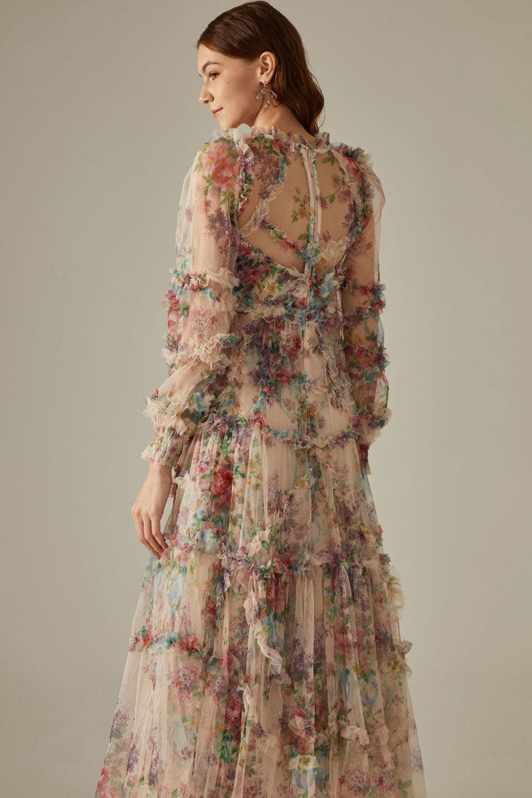 Women's Maxi Dress Apricot Tulle Floral Elegant