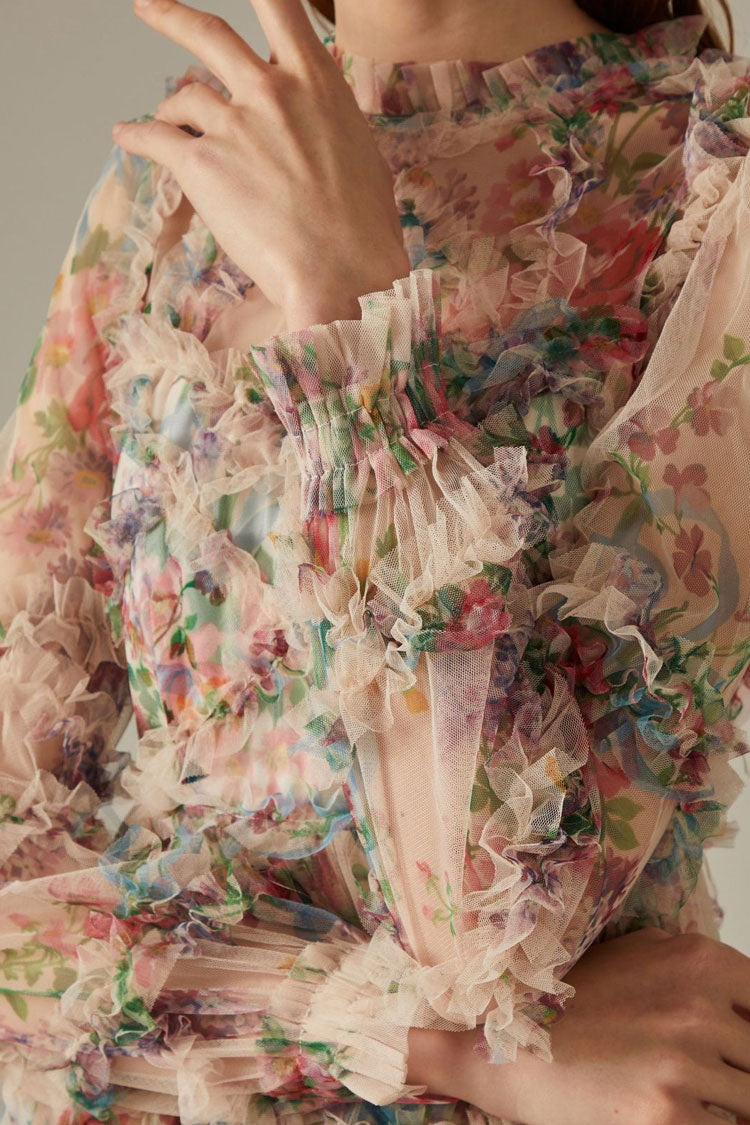 Women's Maxi Dress Apricot Tulle Floral Elegant