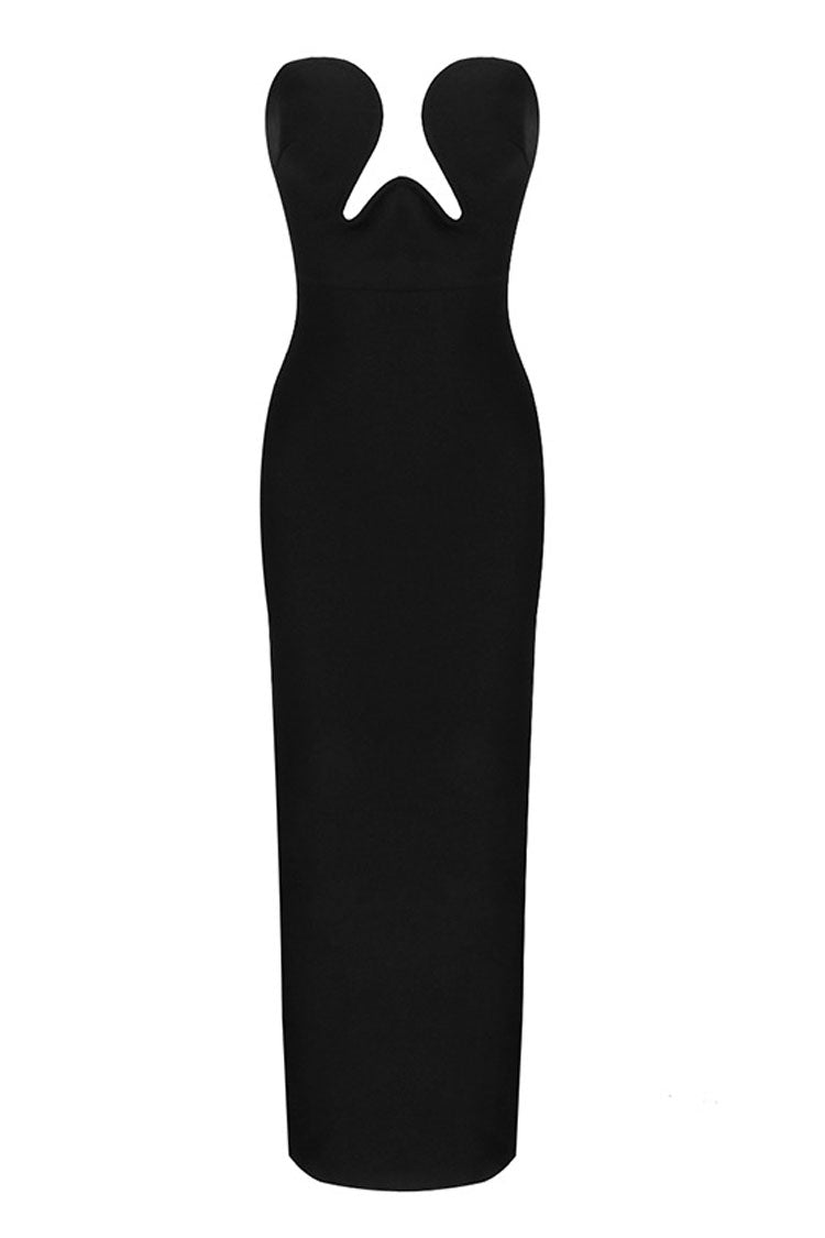 Women's Maxi Dress Black Bandage Fabric High Slit