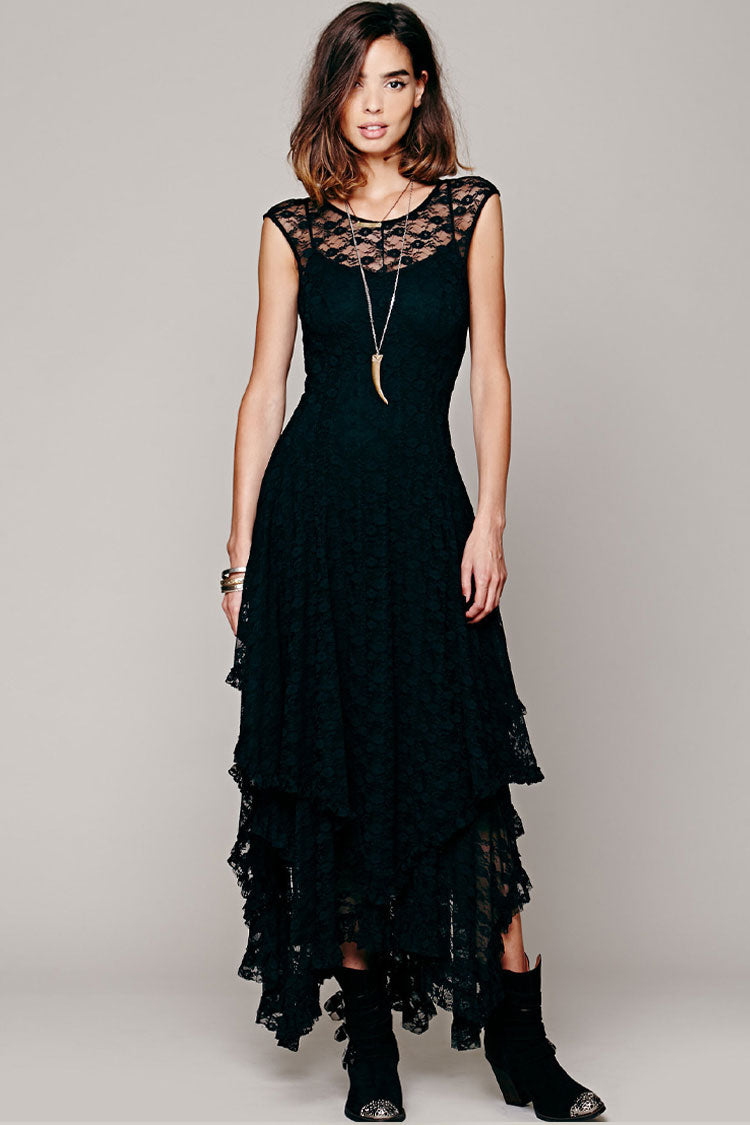 Women's Maxi Dress Black Lace Asymmetric Ruffle