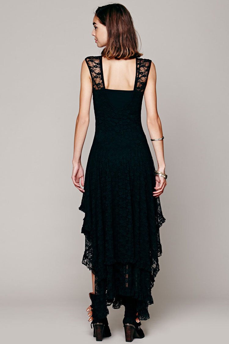 Women's Maxi Dress Black Lace Asymmetric Ruffle