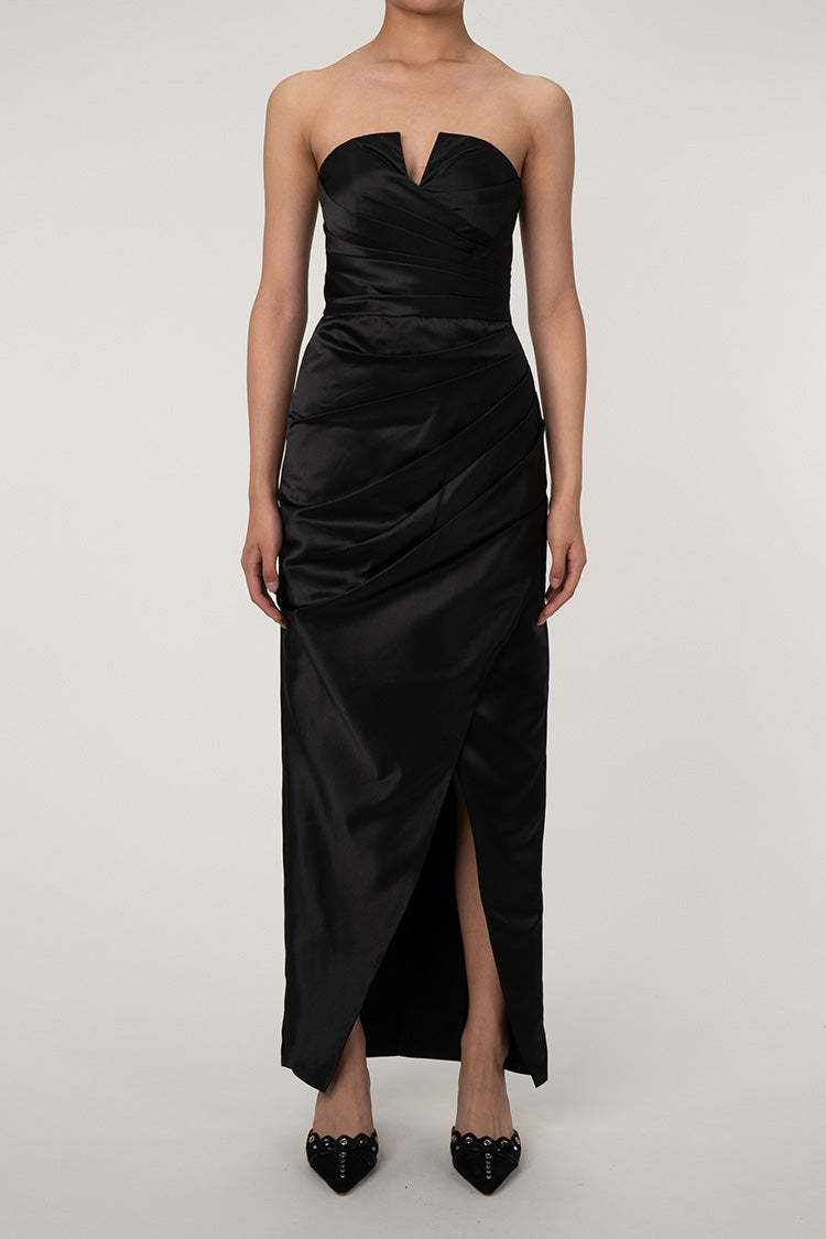 Women's Maxi Dress Black Satin Strapless Formal Cocktail