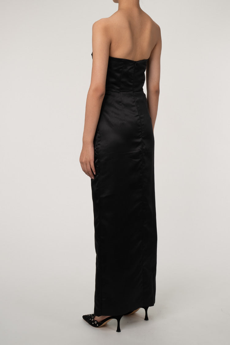Women's Maxi Dress Black Satin Strapless Formal Cocktail