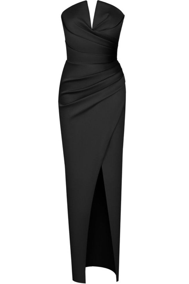Women's Maxi Dress Black Satin Strapless Formal Cocktail