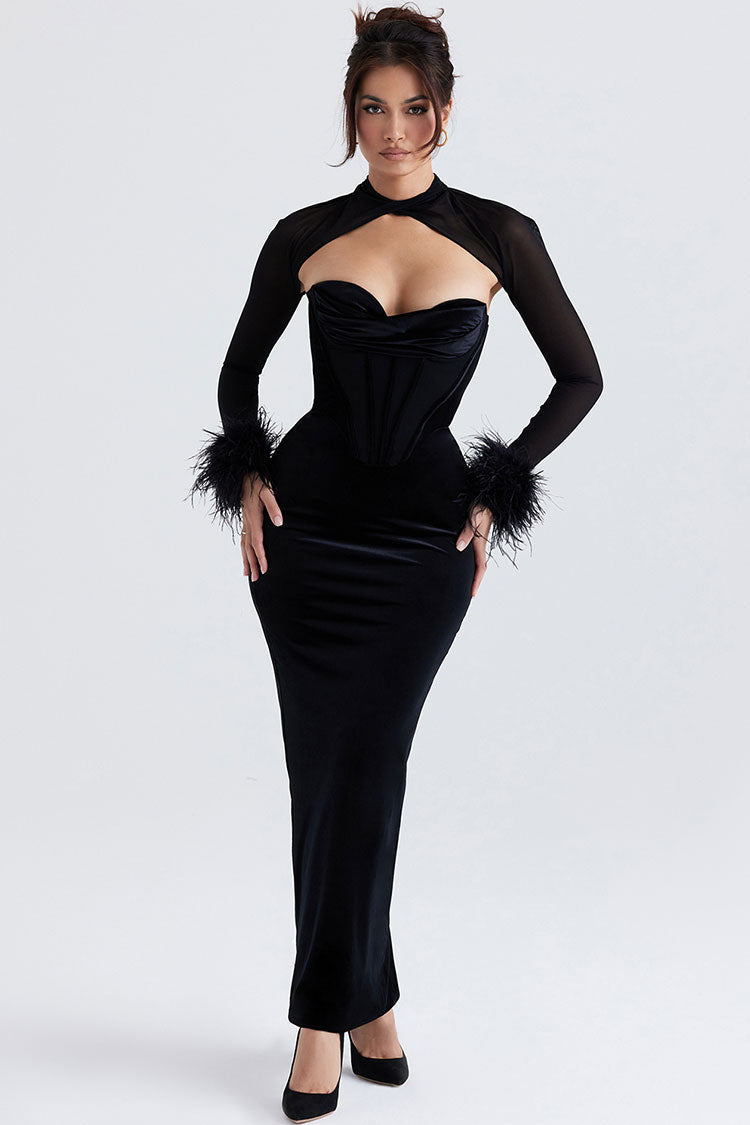 Women's Maxi Dress Black Velvet Strapless Corset