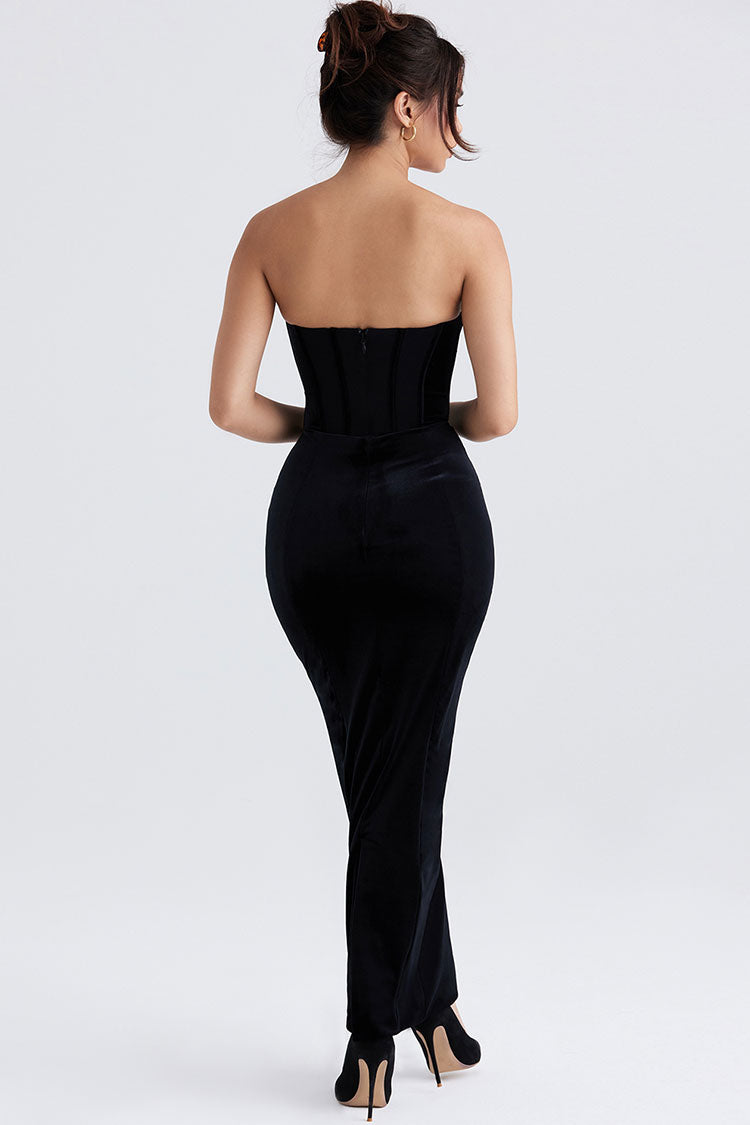 Women's Maxi Dress Black Velvet Strapless Corset