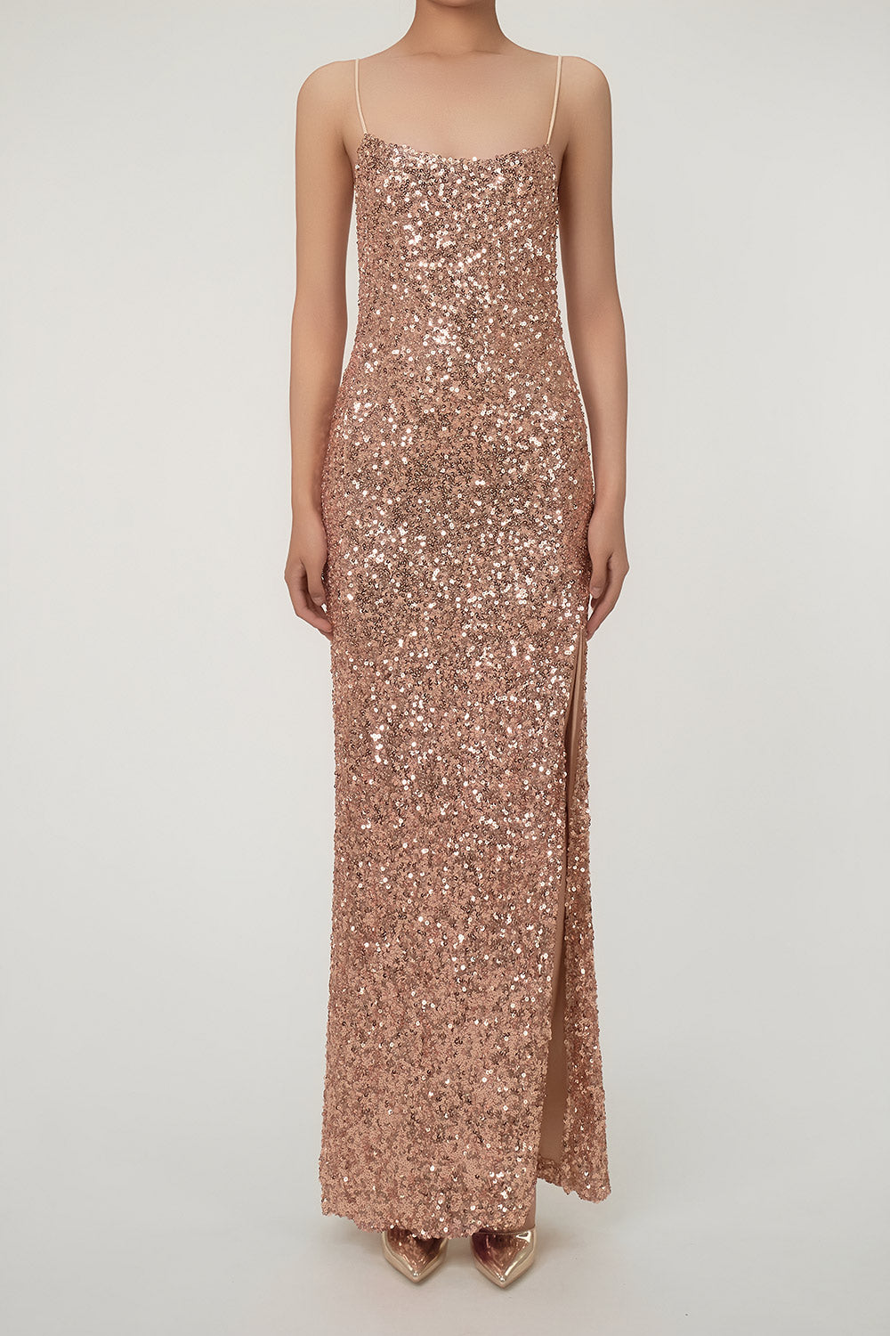 Women's Maxi Dress Bronze Gold Sequin Polyester with Thigh-High Split