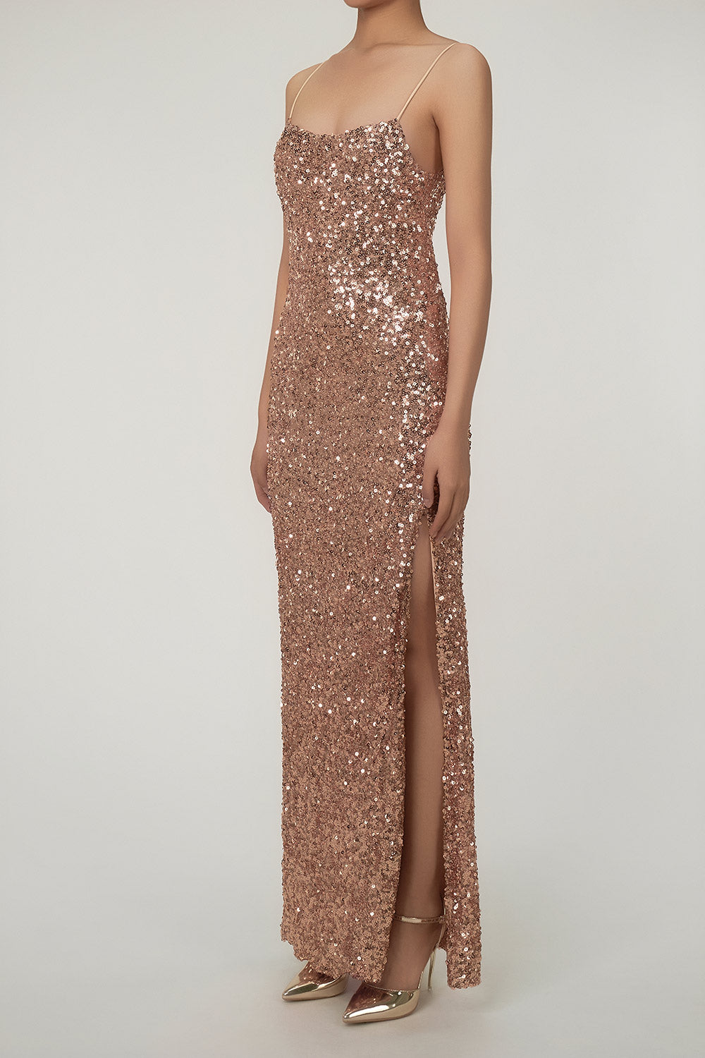Women's Maxi Dress Bronze Gold Sequin Polyester with Thigh-High Split