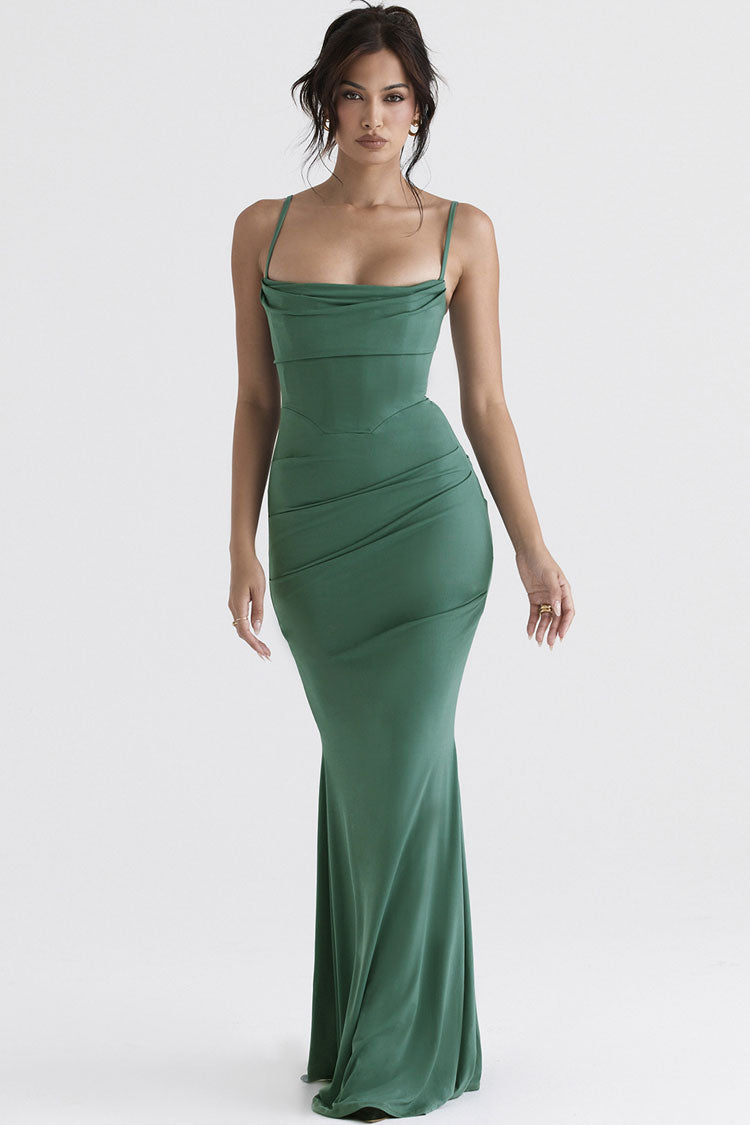 Women's Maxi Dress Green Polyester Corset Fishtail
