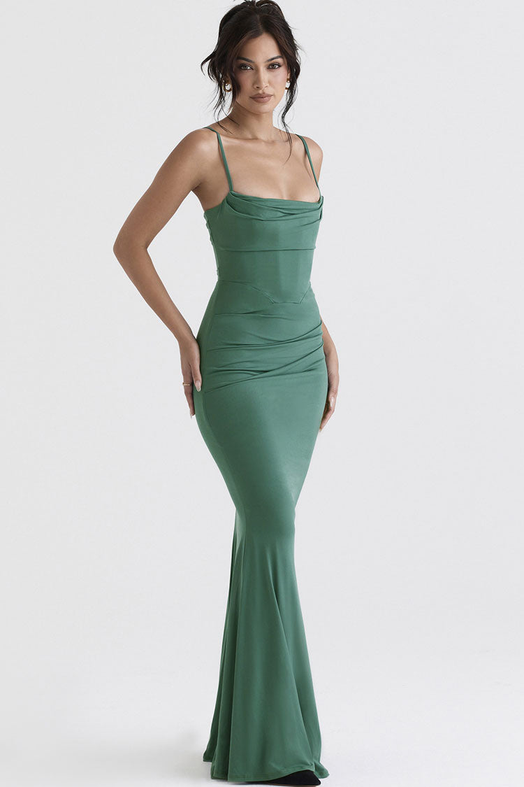 Women's Maxi Dress Green Polyester Corset Fishtail