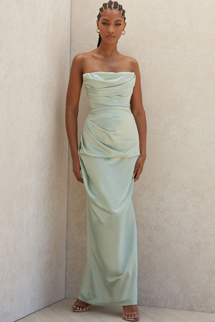 Women's Maxi Dress Sage Green Satin High Slit Strapless
