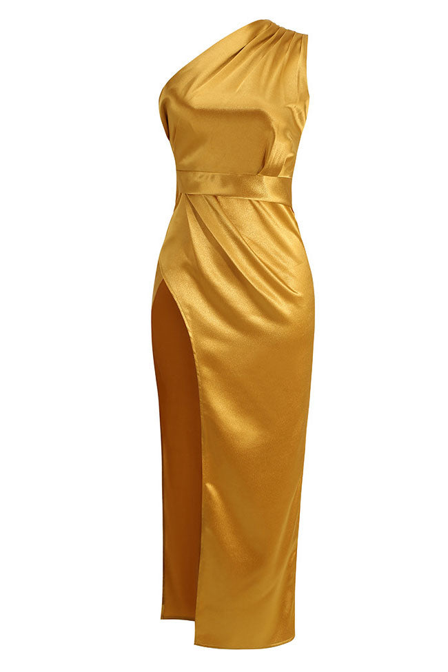 Women's Midi Dress Gold Satin One Shoulder