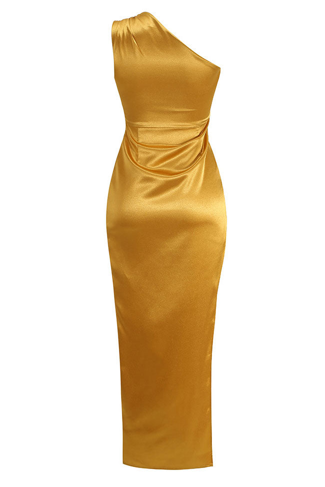 Women's Midi Dress Gold Satin One Shoulder