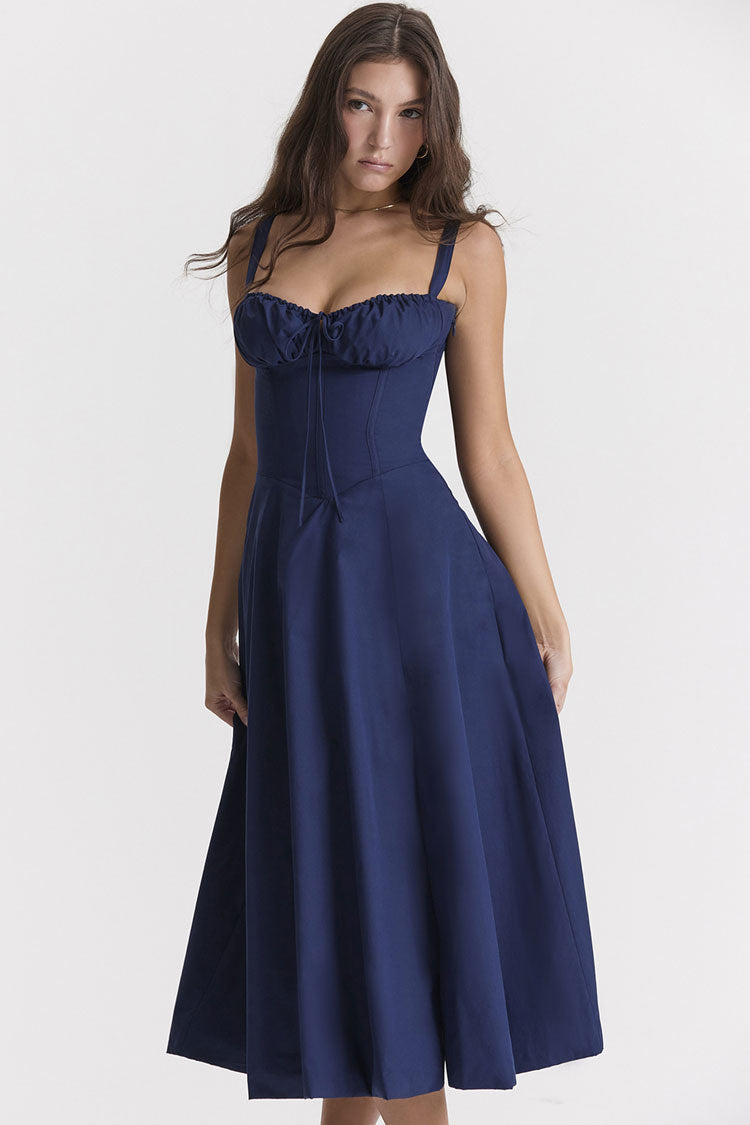 Women's Midi Dress Navy Blue Cotton Fit & Flare Summer Dress