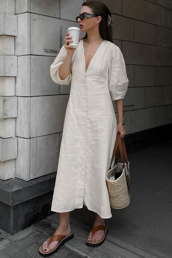 Women's Midi Dress Off White Linen Blend