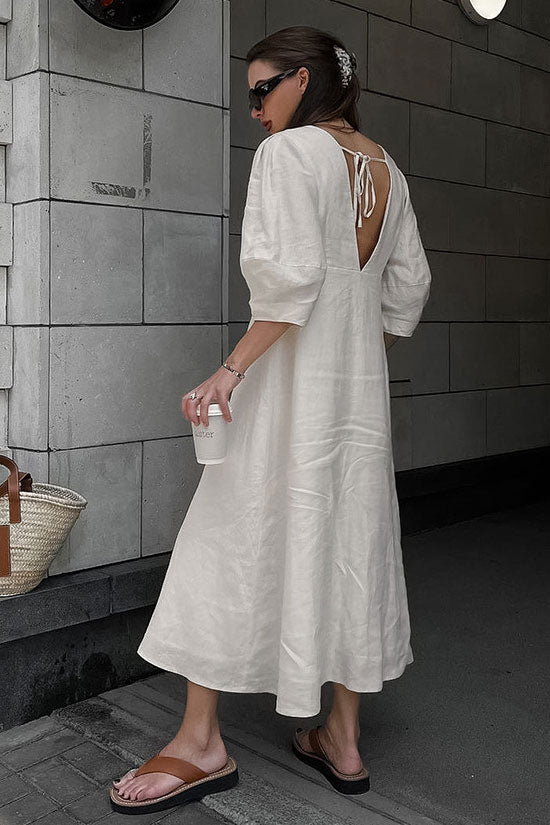 Women's Midi Dress Off White Linen Blend