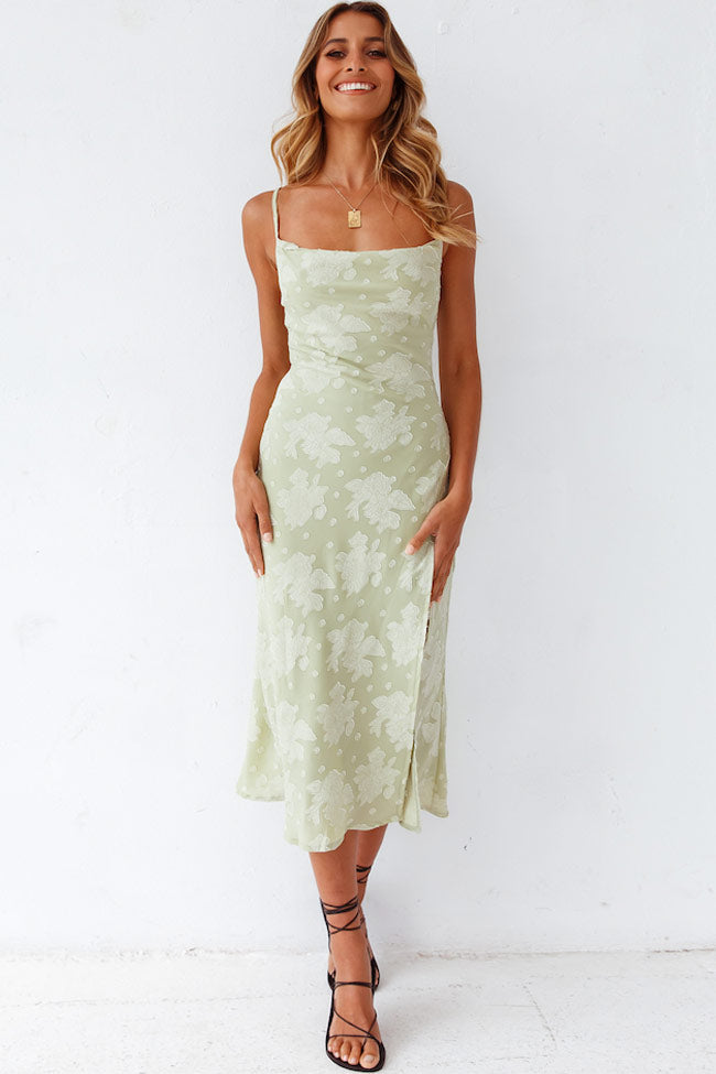 Women's Midi Dress Sage Green Cotton Floral Cowl Neck