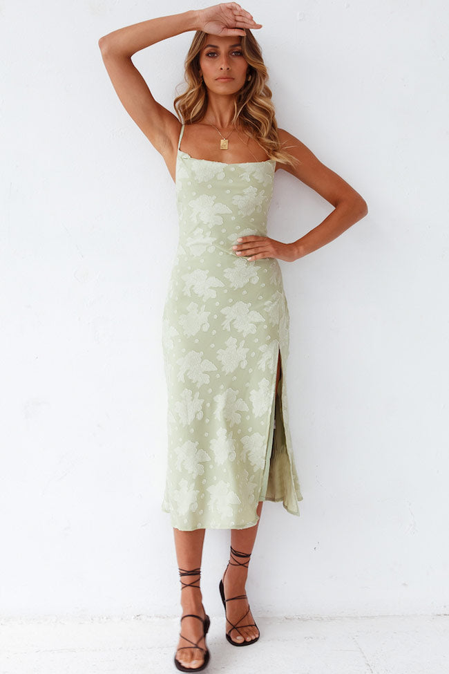 Women's Midi Dress Sage Green Cotton Floral Cowl Neck