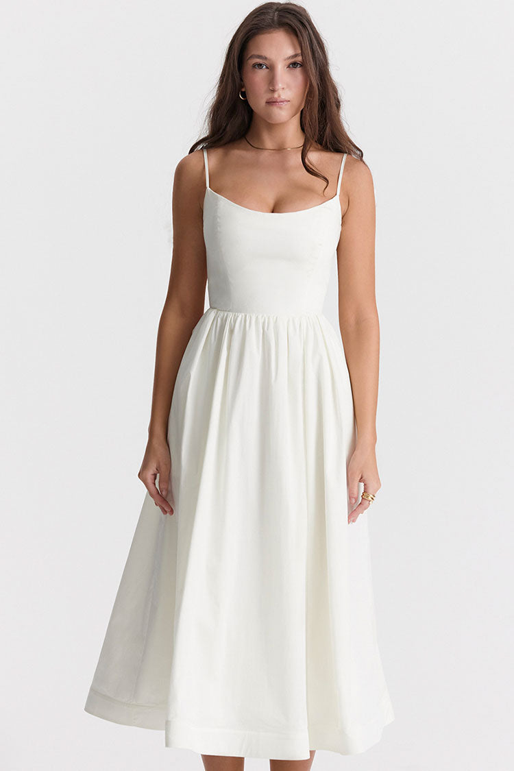 Women's Midi Dress White Cotton Spaghetti Strap Summer Fit and Flare
