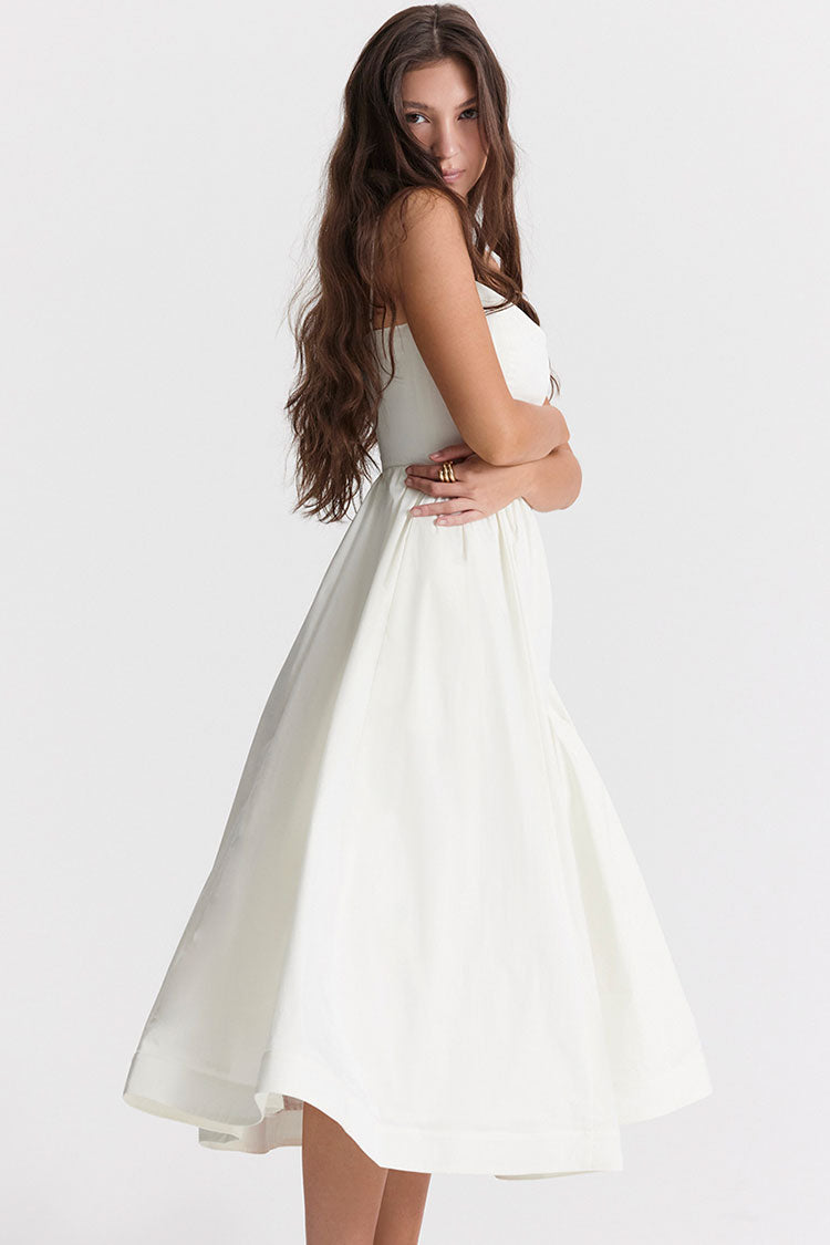 Women's Midi Dress White Cotton Spaghetti Strap Summer Fit and Flare
