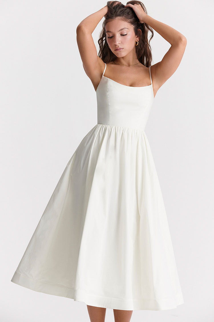 Women's Midi Dress White Cotton Spaghetti Strap Summer Fit and Flare
