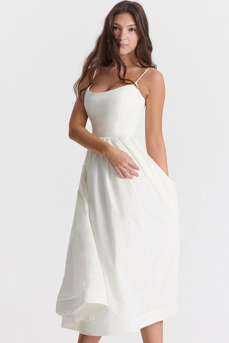 Women's Midi Dress White Cotton Spaghetti Strap Summer Fit and Flare