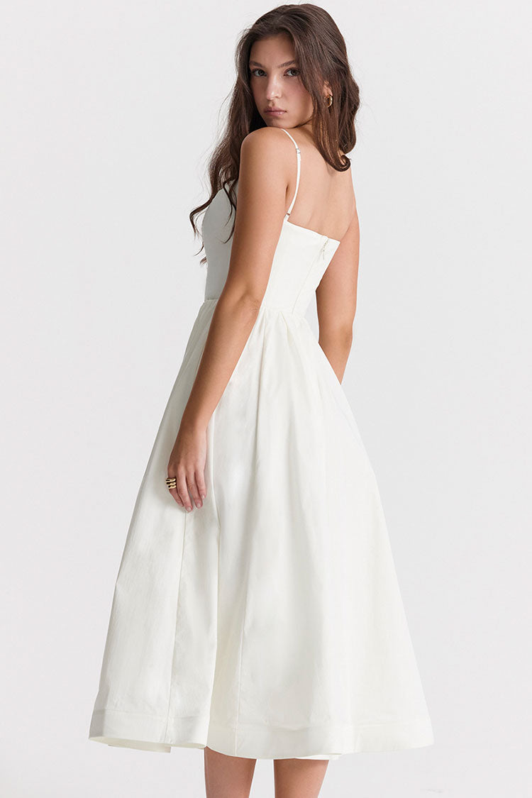 Women's Midi Dress White Cotton Spaghetti Strap Summer Fit and Flare