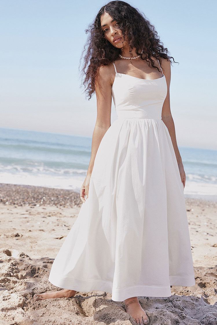 Women's Midi Dress White Cotton Spaghetti Strap Summer Fit and Flare