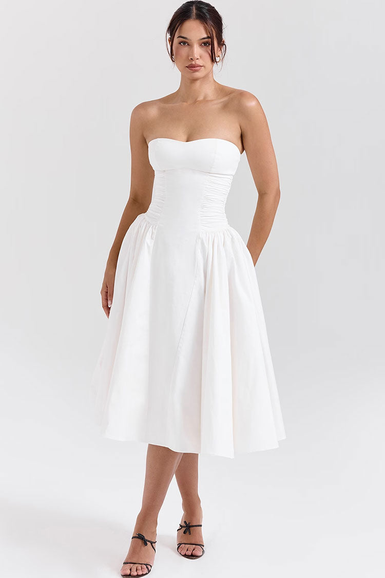 Women's Midi Dress White Cotton Strapless Fit and Flare