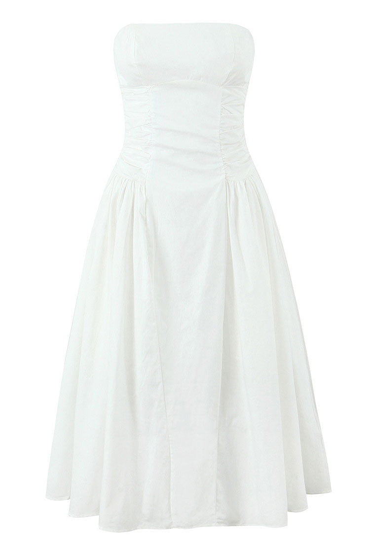 Women's Midi Dress White Cotton Strapless Fit and Flare