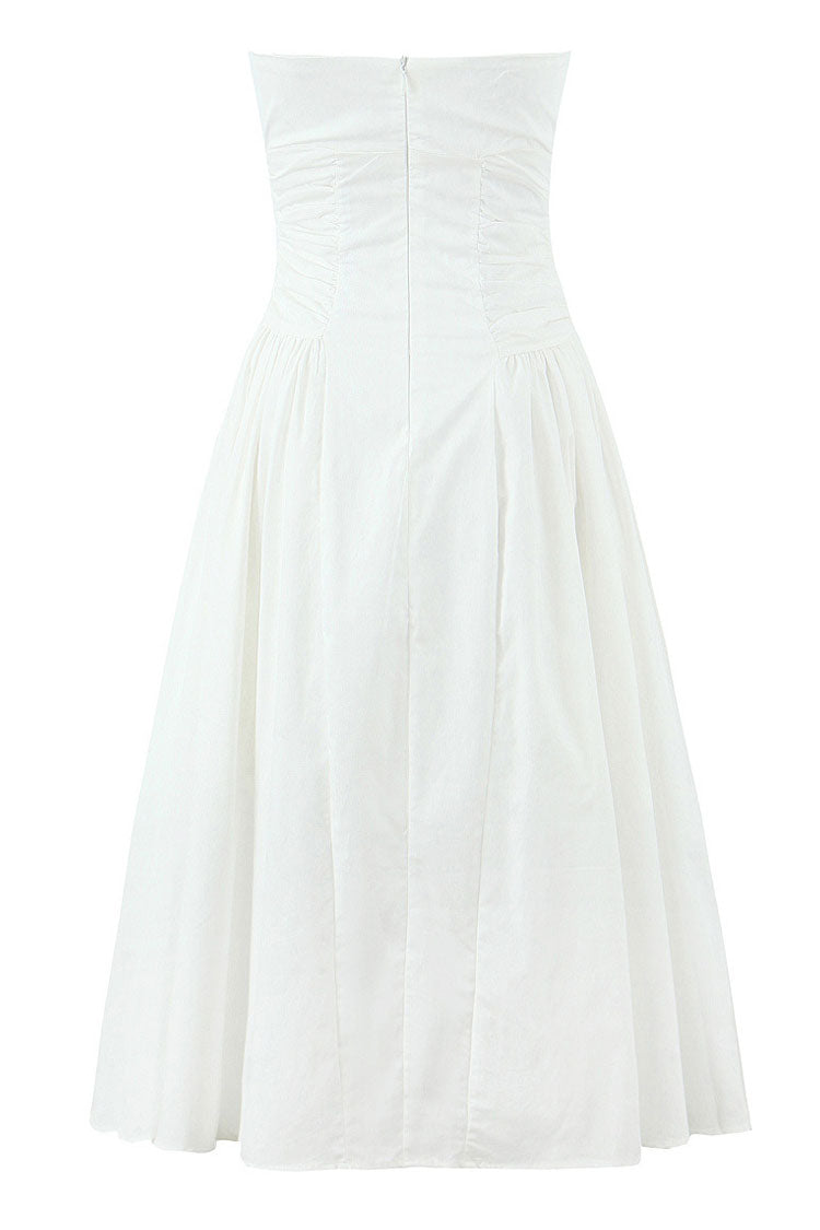 Women's Midi Dress White Cotton Strapless Fit and Flare