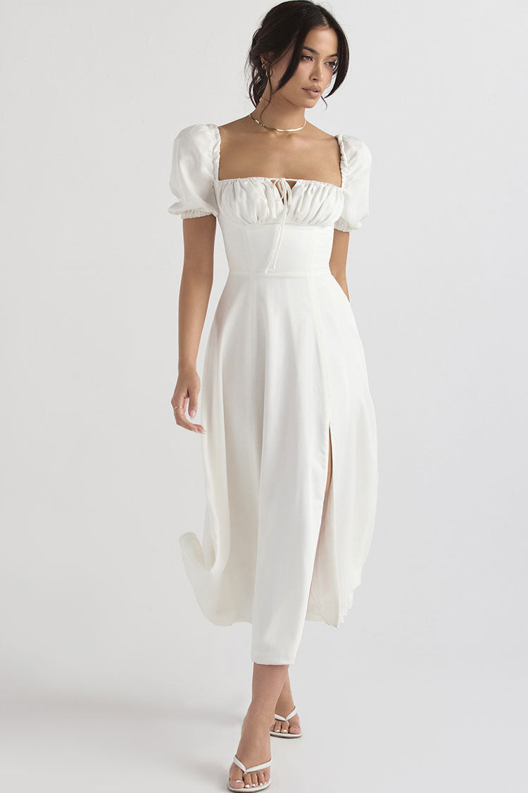 Women's Midi Dress White Polyester Off Shoulder
