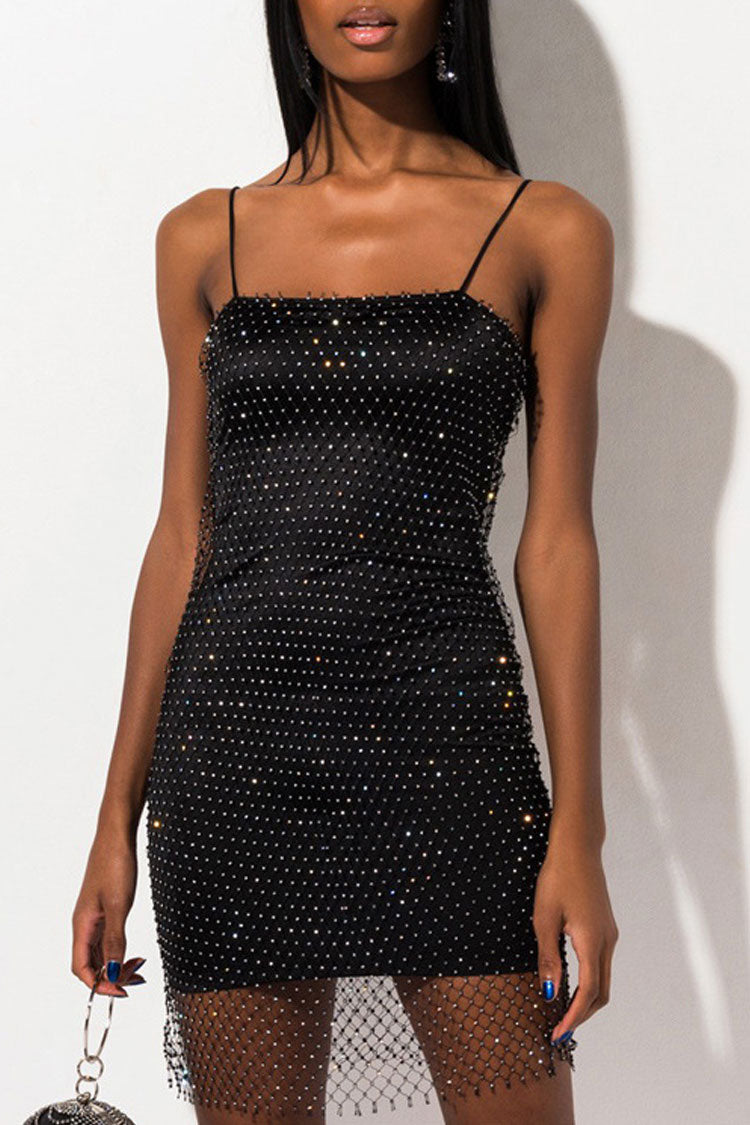 Women's Mini Dress Black Rhinestone Spaghetti Strap Bodycon