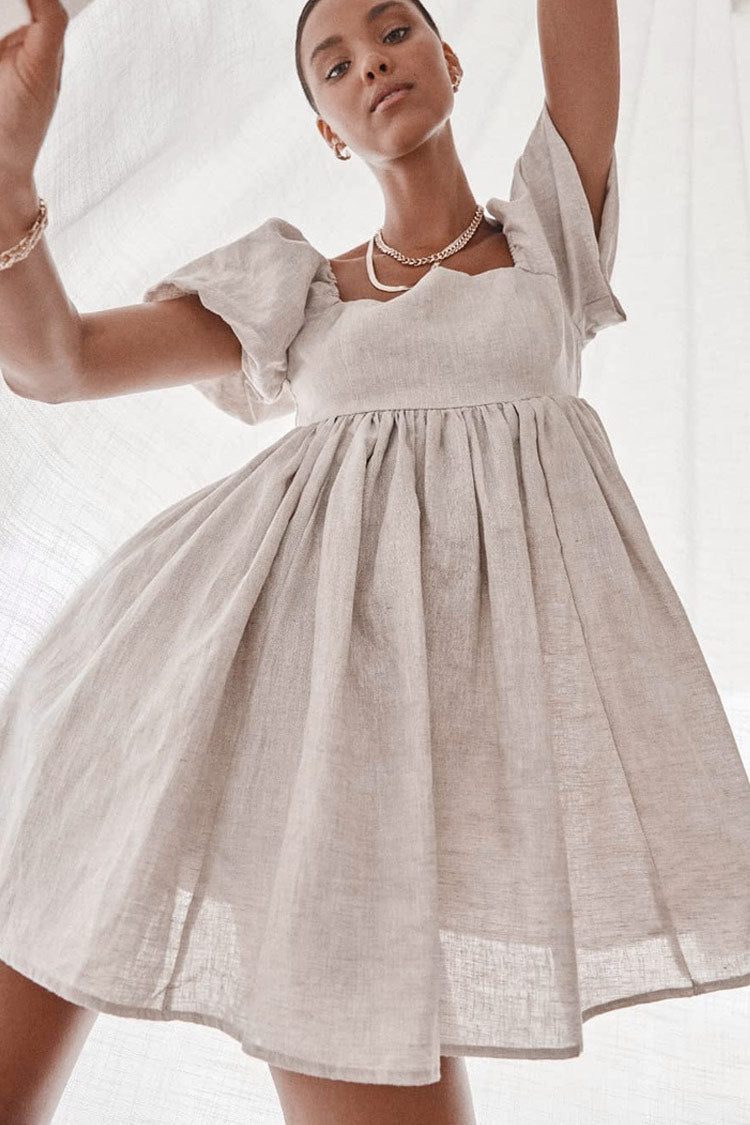 Women's Mini Dress Khaki Cotton Blend with Puff Sleeves