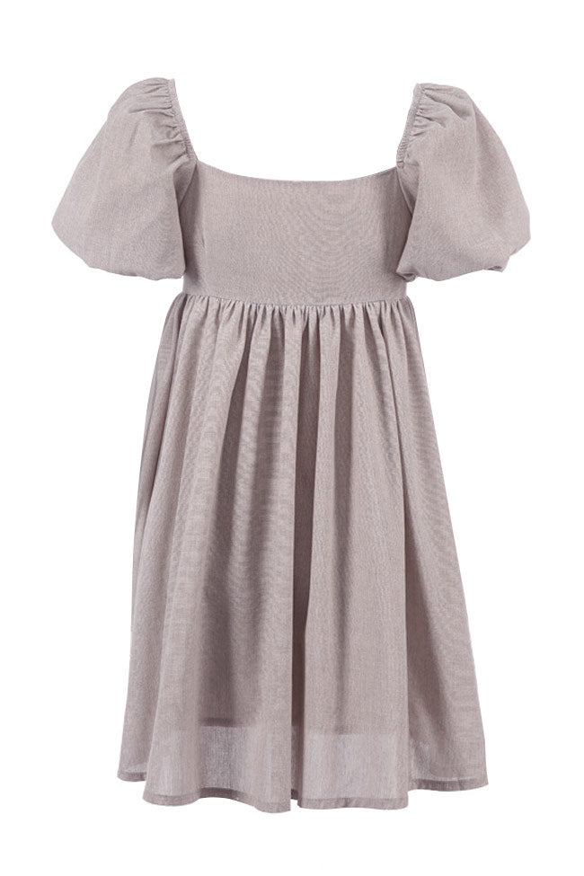 Women's Mini Dress Khaki Cotton Blend with Puff Sleeves