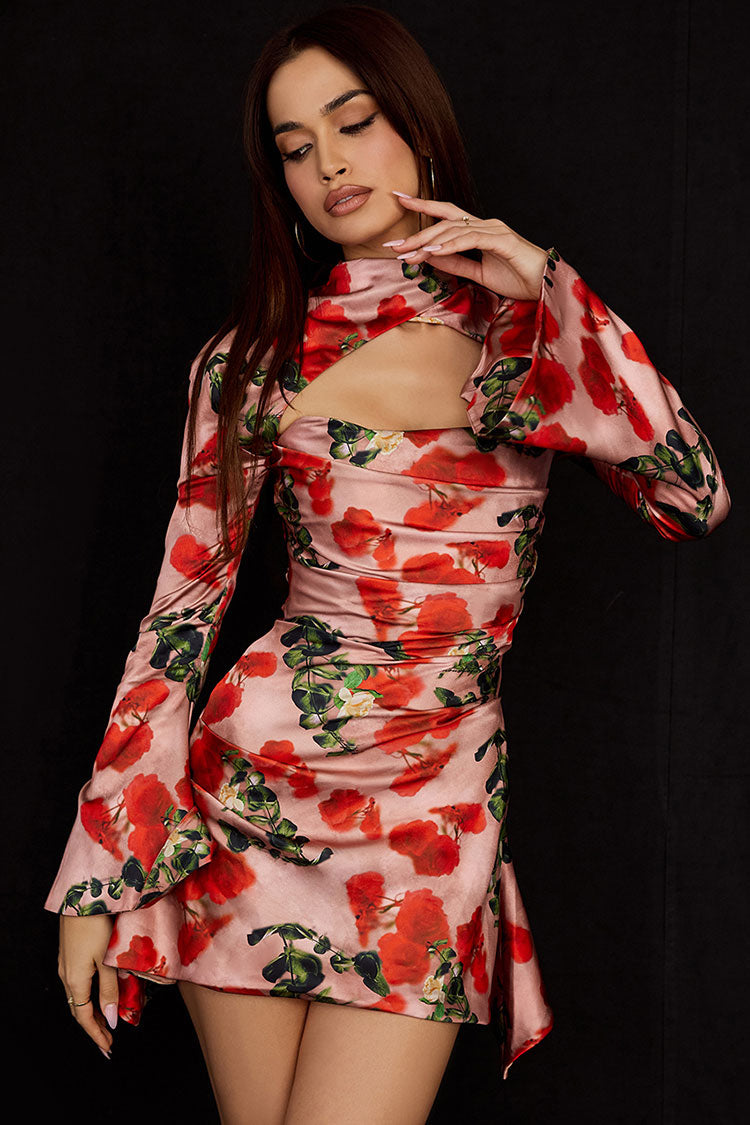 Women's Mini Dress Red Polyester Rose Print