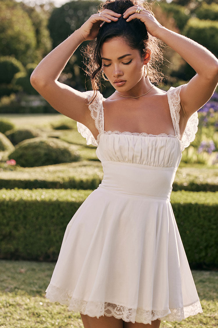 Women's Mini Dress White Cotton Scalloped Cap Sleeve Summer Dress