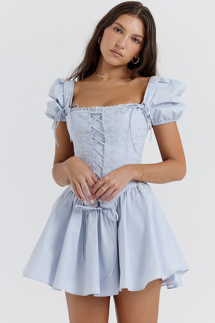 Women's Mini Sundress Blue Cotton Floral Embroidered Fit & Flare