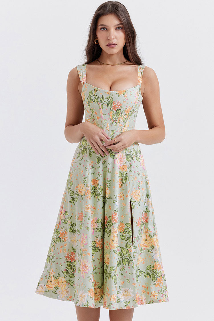 Women's Mini Sundress Green Floral Cotton