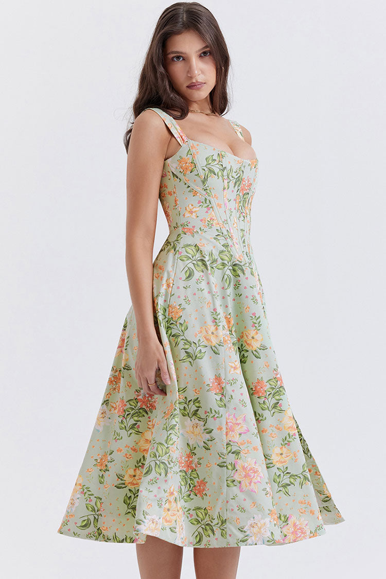 Women's Mini Sundress Green Floral Cotton