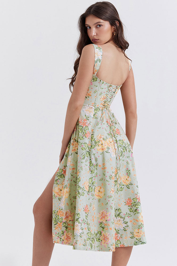 Women's Mini Sundress Green Floral Cotton