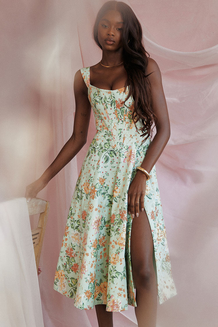 Women's Mini Sundress Green Floral Cotton