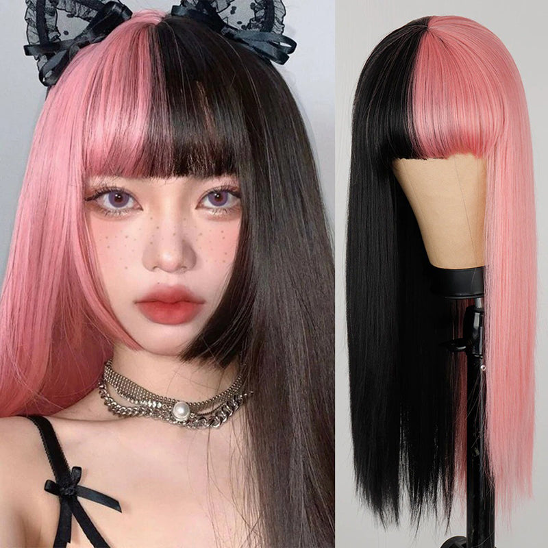 Women's Multi-color Wig Set Long Straight Short Hair with Bangs