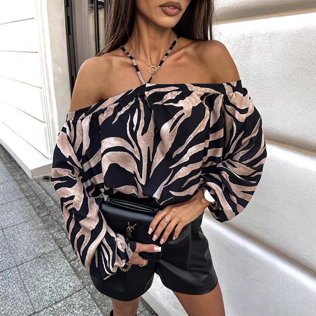 Women's Off-Shoulder Leopard Print Going Out Top with Balloon Sleeves – Casual Loose Fit