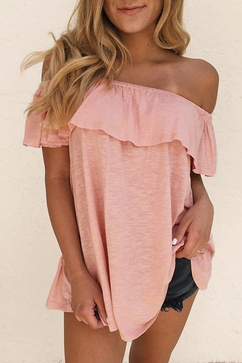 Women's Off-Shoulder Ruffle Blouse – Relaxed Fit Short Sleeve Summer Top