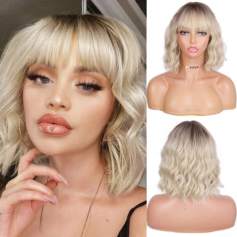 Women's Ombre Blonde Hair Wig Short Wavy High-Temperature Fiber