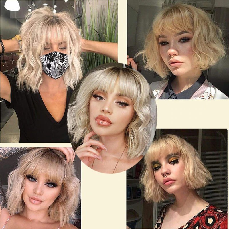 Women's Ombre Blonde Hair Wig Short Wavy High-Temperature Fiber